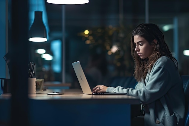 A woman sits at a desk in a dark room, working on a laptop.