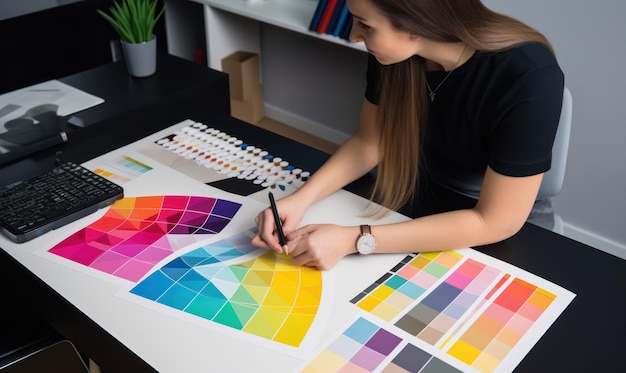 A woman sits at a desk drawing a color swatch.