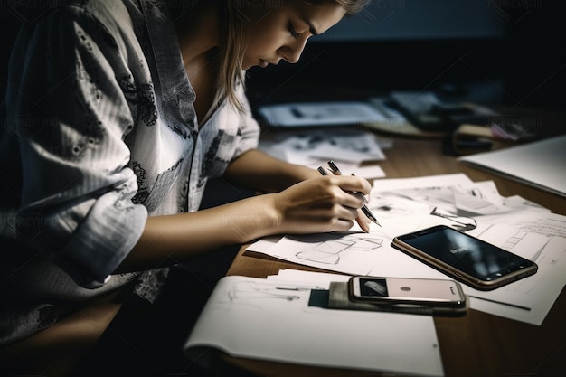 A woman sits at a desk, drawing a sketch of a cell phone.