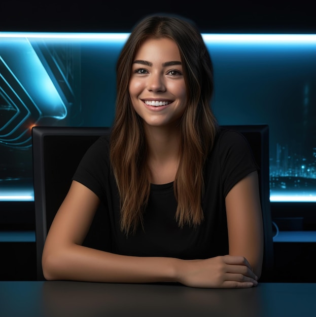 A woman sits at a desk in front of a blue wall with a neon light