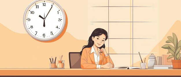 a woman sits at a desk in front of a clock.