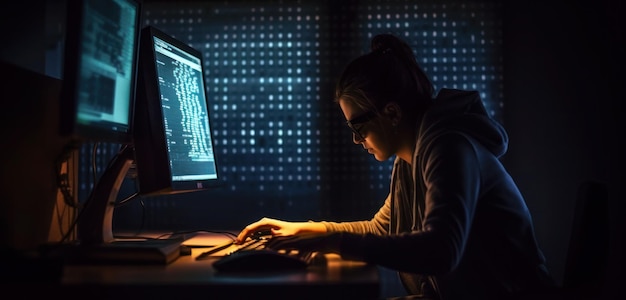 A woman sits at a desk in front of a computer monitor with the words code on the screen.