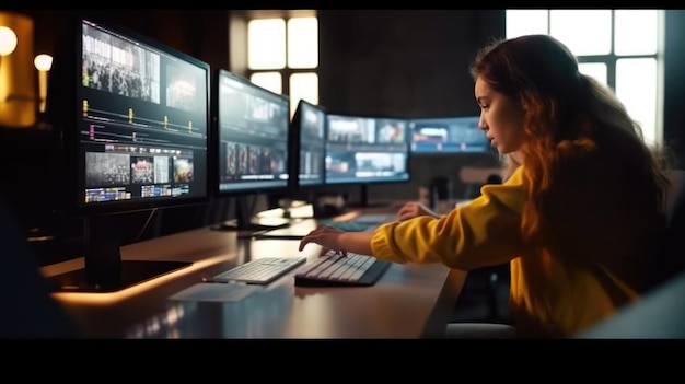 Женщина сидит за столом перед экраном компьютера с надписью «Игра престолов».