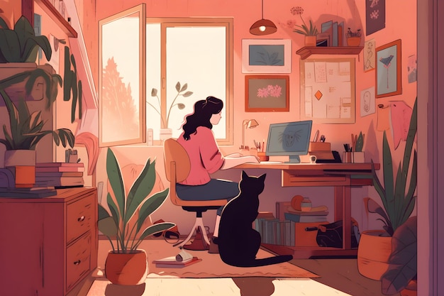 '사랑해'라고 적힌 컴퓨터 화면 앞 책상에 앉아 있는 여성