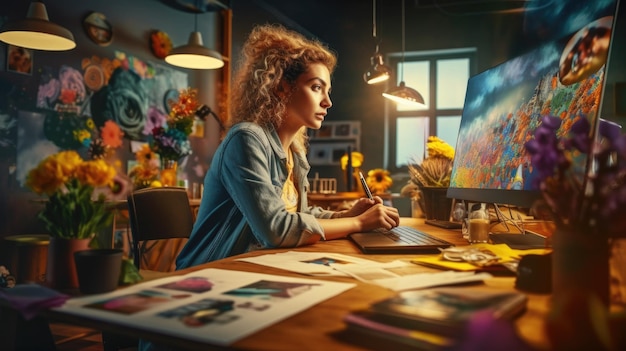 A woman sits at a desk in front of a laptop with a drawing of a colorful design on the screen.