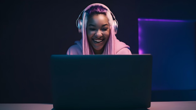 A woman sits at a desk in front of a laptop with a pink headphone.