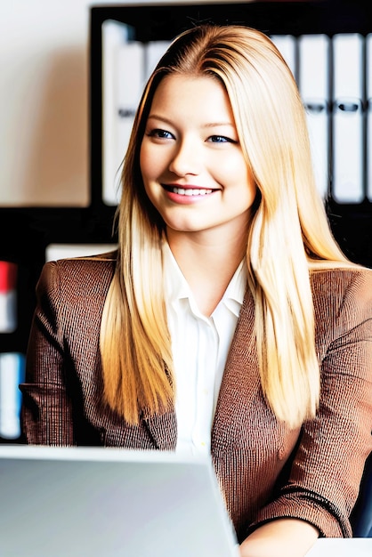 Photo a woman sits at a desk in front of a laptop.