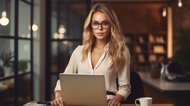 A woman sits at a desk in front of a laptop.