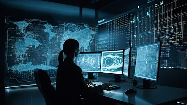 A woman sits at a desk in front of a map of the world.