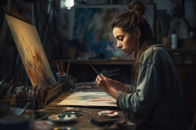 A woman sits at a desk in front of a painting of a woman.