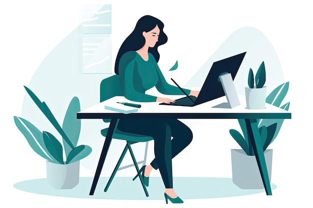 Photo a woman sits at a desk in front of plants and a laptop.