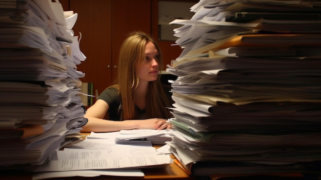 A woman sits at a desk in front of a stack of papers.