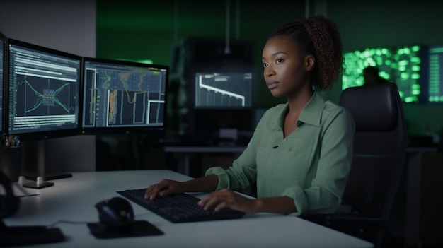 A woman sits at a desk in front of two monitors, with the words'cyber security'on the screen