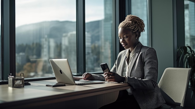 A woman sits at a desk in front of a window, holding a phone and looking at her laptop.