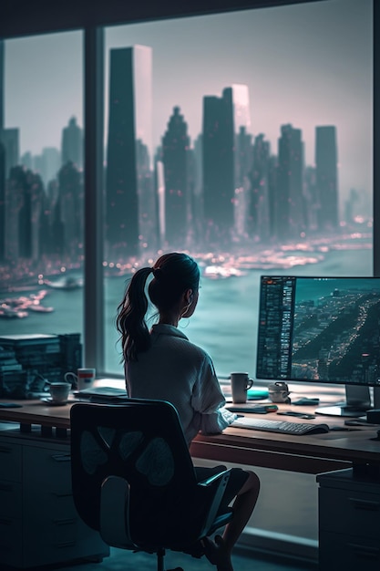 A woman sits at a desk in front of a window with a cityscape in the background.