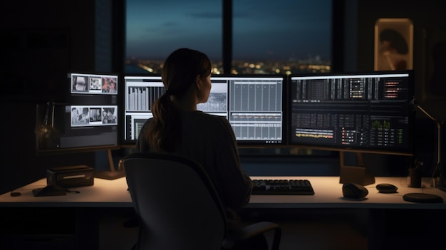 A woman sits at a desk in front of a window with multiple computer monitors.