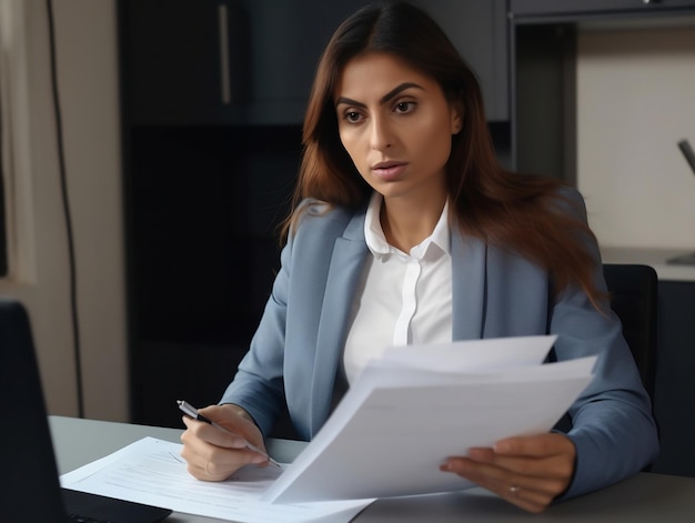 A woman sits at a desk and looks at a document.