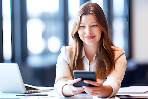 A woman sits at a desk and looks at her phone