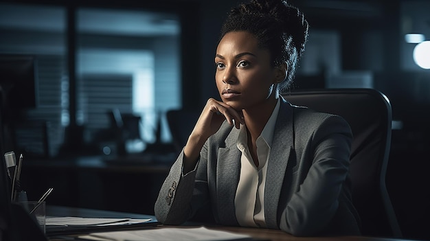 A woman sits at a desk in an office, looking at a laptop.