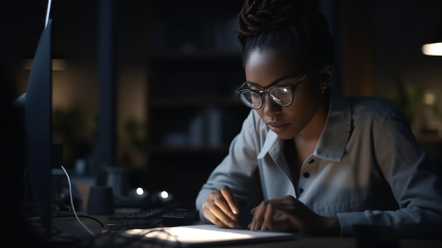 Photo a woman sits at a desk in an office at night, writing on a paper.