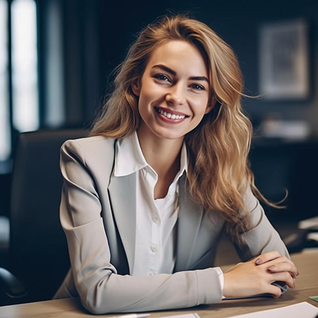 A woman sits at a desk in an office smiling at the camera.