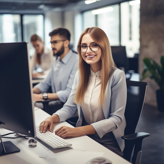 A woman sits at a desk in an office, smiling and working on a computer.