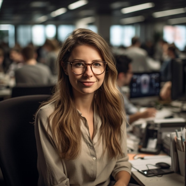 A woman sits at a desk in an office with a desk full of computers.