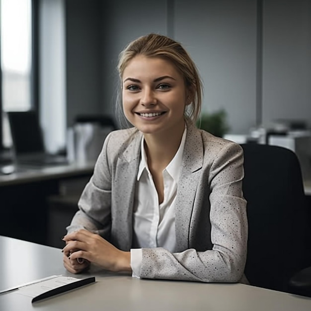 A woman sits at a desk in an office with a laptop on the table.