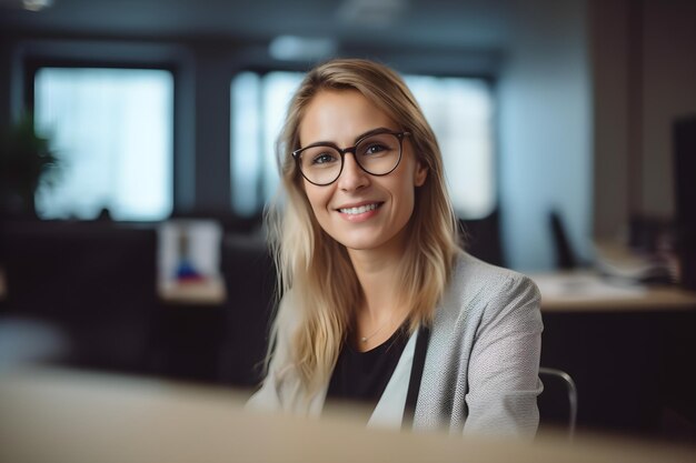 A woman sits at a desk in an office.