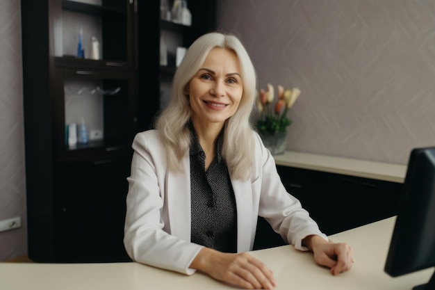 A woman sits at a desk in a pharmacy