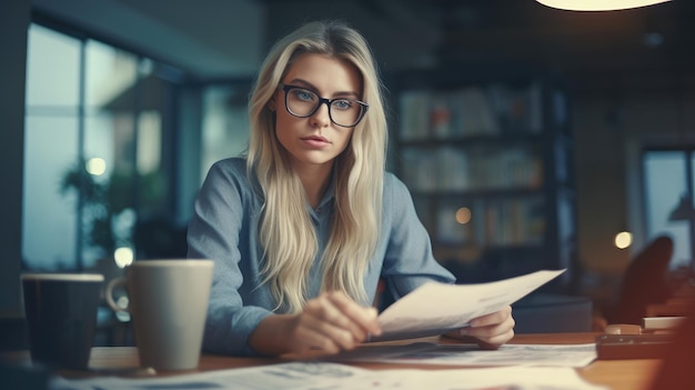 A woman sits at a desk reading a document.