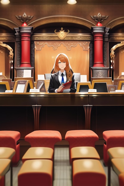 A woman sits at a desk in a room with many chairs and a sign that says " the word " on it. "