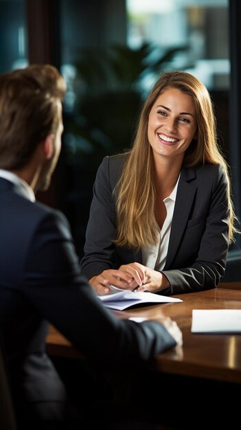 Photo a woman sits at a desk and talks with a man in a suit