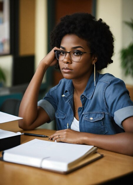 Photo a woman sits at a desk with a book and a pen in her hand