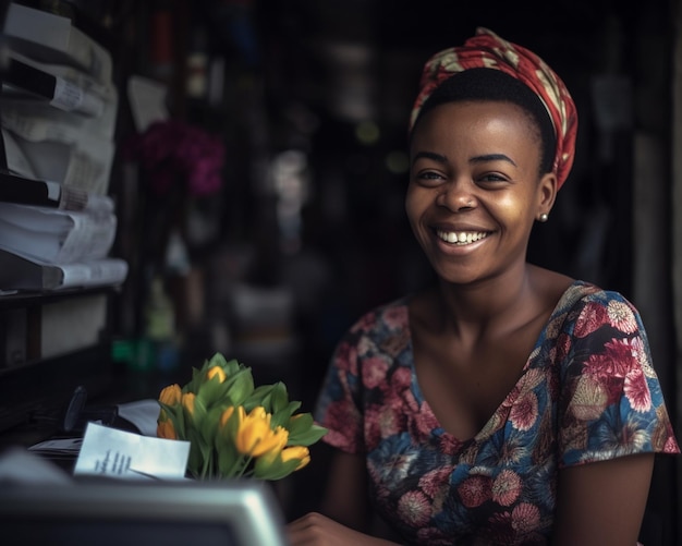 Photo a woman sits at a desk with a bouquet of flowers in her hand.