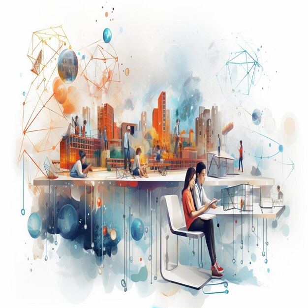 Photo a woman sits at a desk with a cityscape in the background