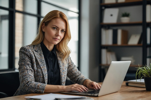 a woman sits at a desk with a laptop and a book shelf behind her