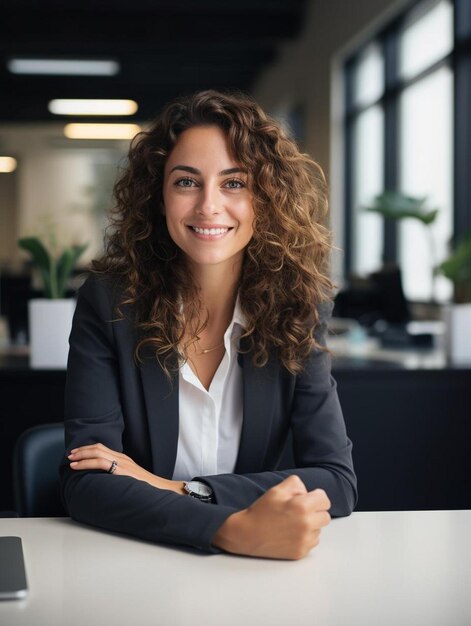 Photo a woman sits at a desk with a laptop and a plant in the background