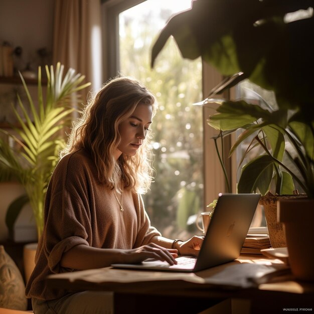 Photo a woman sits at a desk with a laptop and a potted plant in the background