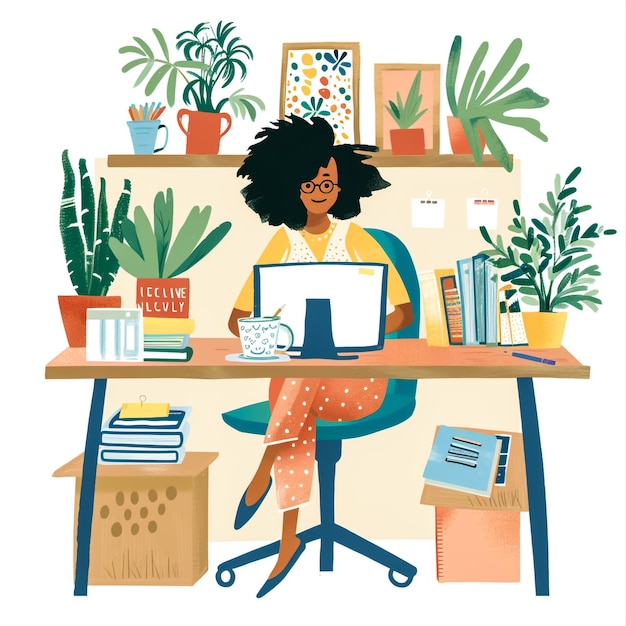 a woman sits at a desk with a laptop and a potted plant