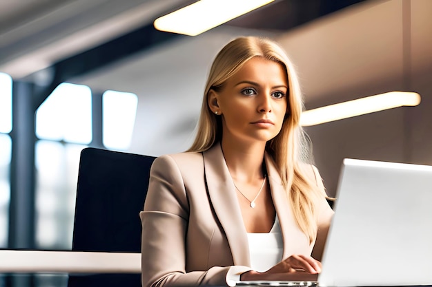 A woman sits at a desk with a laptop