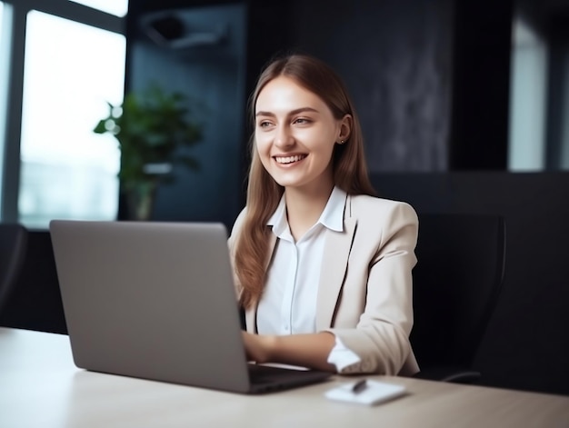 A woman sits at a desk with a laptop.