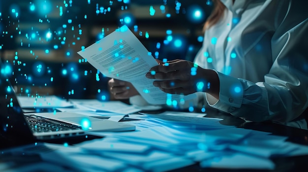 a woman sits at a desk with a paper that says  the word  on it