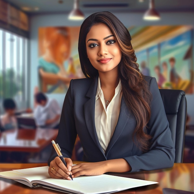 A woman sits at a desk with a pen in her hand and a pen in her hand.