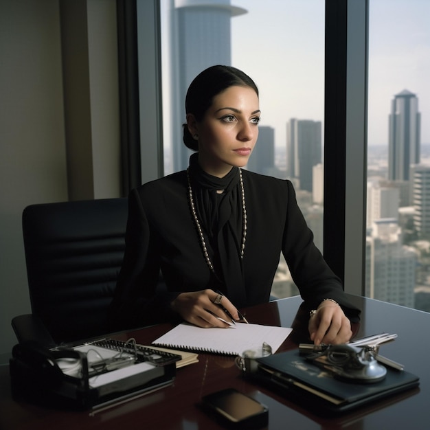 A woman sits at a desk with a pen and paper in front of her.