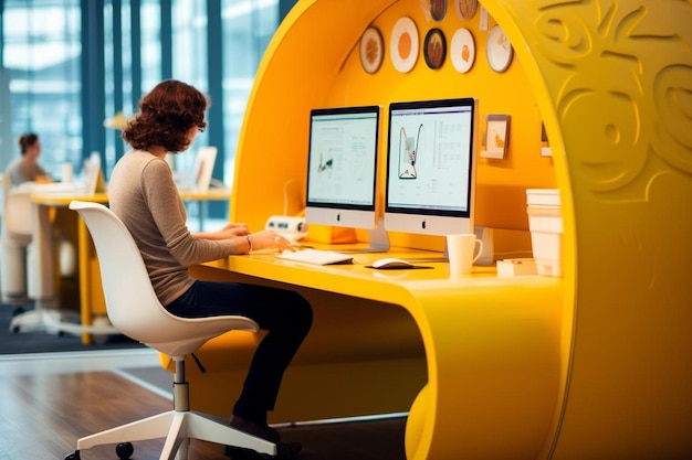 Photo a woman sits at a desk with two monitors and the word 