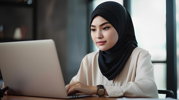 A woman sits at a desk and works on a laptop.