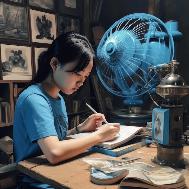 A woman sits at a desk in a workshop, drawing a book with a fan behind her.