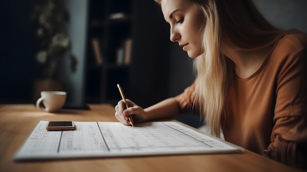 A woman sits at a desk and writes on a piece of paper.