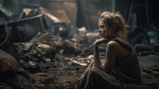 A woman sits in a destroyed building with the words the word on the bottom right